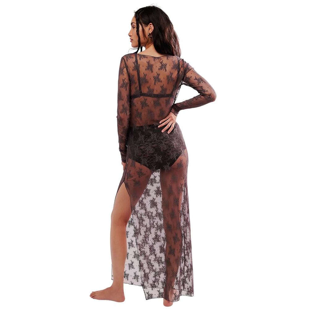 Free People Lady Lux Maxi Slip Dress Dark Gull Grey Sheer Lace Layering XS NWT - Picture 3 of 14